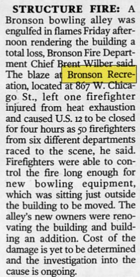Bronson Recreation - 10 Aug 2002 Ruined By Fire